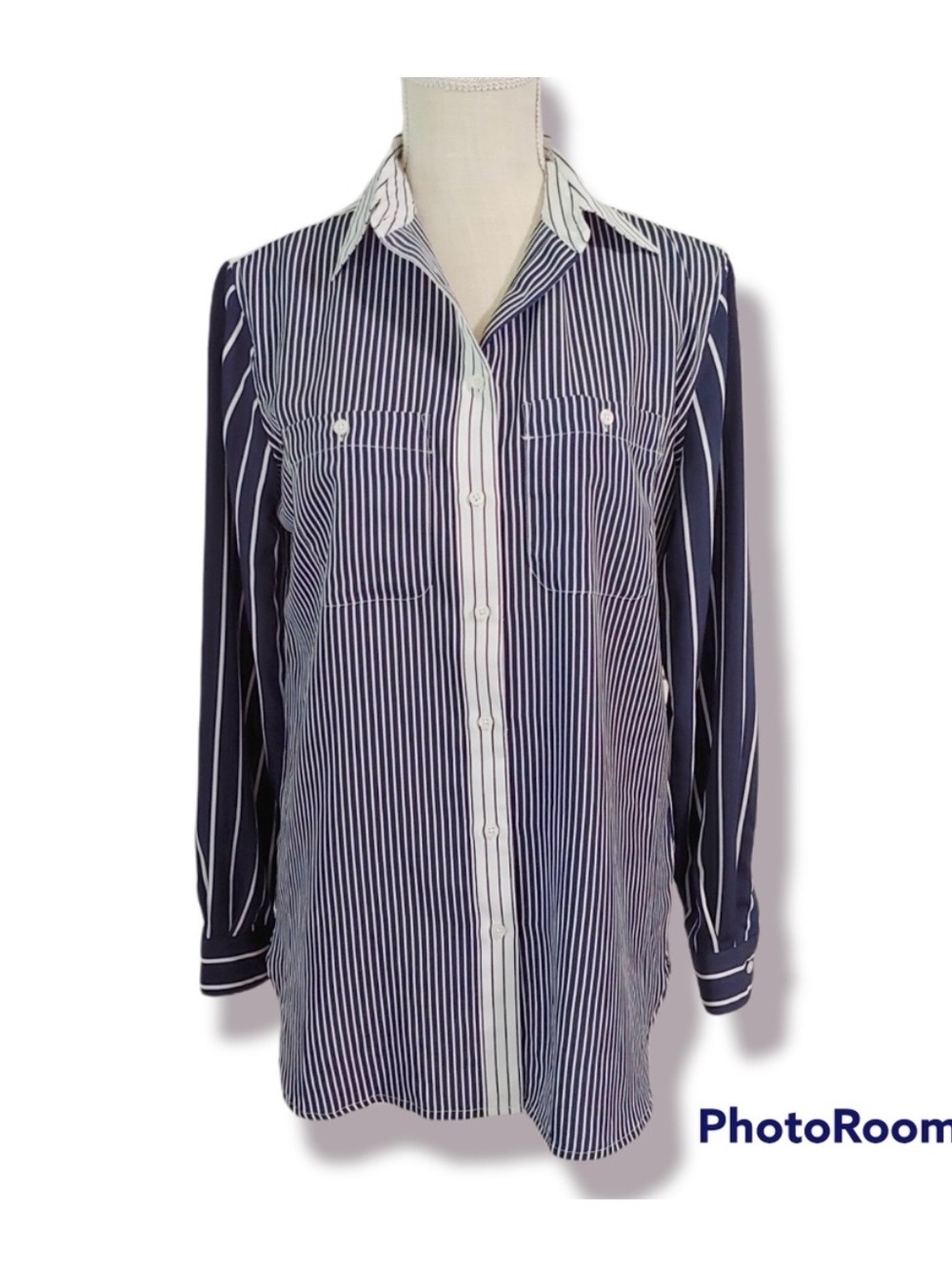 Ralph Lauren Navy and White Striped Button-Down Shirt